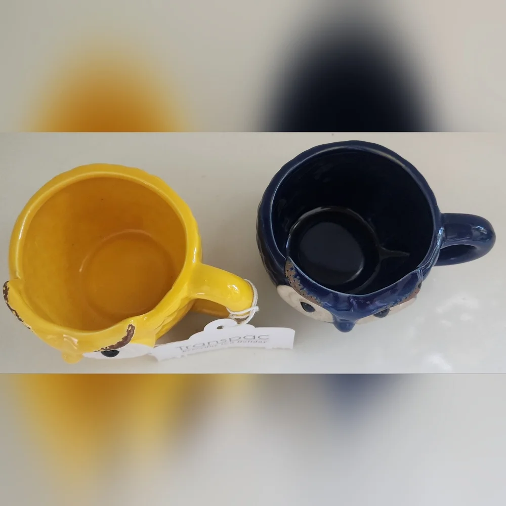 Transpac Yellow Blue Owl Mugs 6 Oz Capacity Set Of Two New With‎ Tag